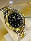Luxury men’s watch with gold and silver bracelet, black dial, diamond markers, premium style