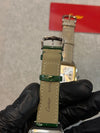 Luxury Cartier men’s watch green leather strap close-up, premium craftsmanship detail