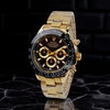 Gold luxury men's chronograph watch with black dial and gold accents, modern design.