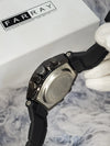 Back view of men's black watch with metal case, shown by gloved hand, Farray branded box