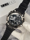 Men's black Casio analog-digital watch with resin band, showcased on white glove, premium style