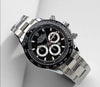 Luxury men’s stainless steel chronograph watch with black dial and silver bracelet
